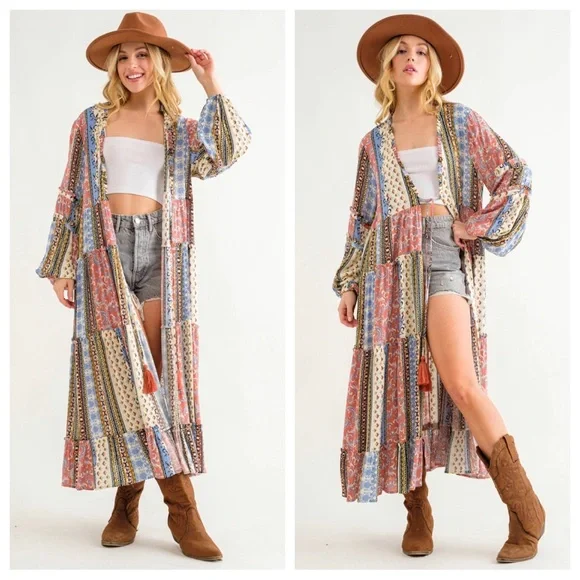 01 ✨RESTOCKED✨Boho Border Print Woven Kimono Long Cardigan - Picture 6 of 6